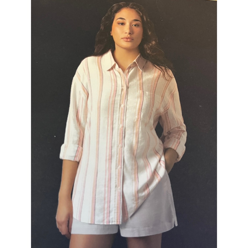 GAP Linen Blend Button Down Shirt Women M Pink Tan Stripe Quiet Luxury‎ Costal